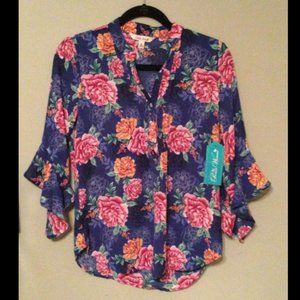 Pioneer Woman L/S Pleated Ruffle Sleeve floral blouse sz XS 0-2 *NEW*